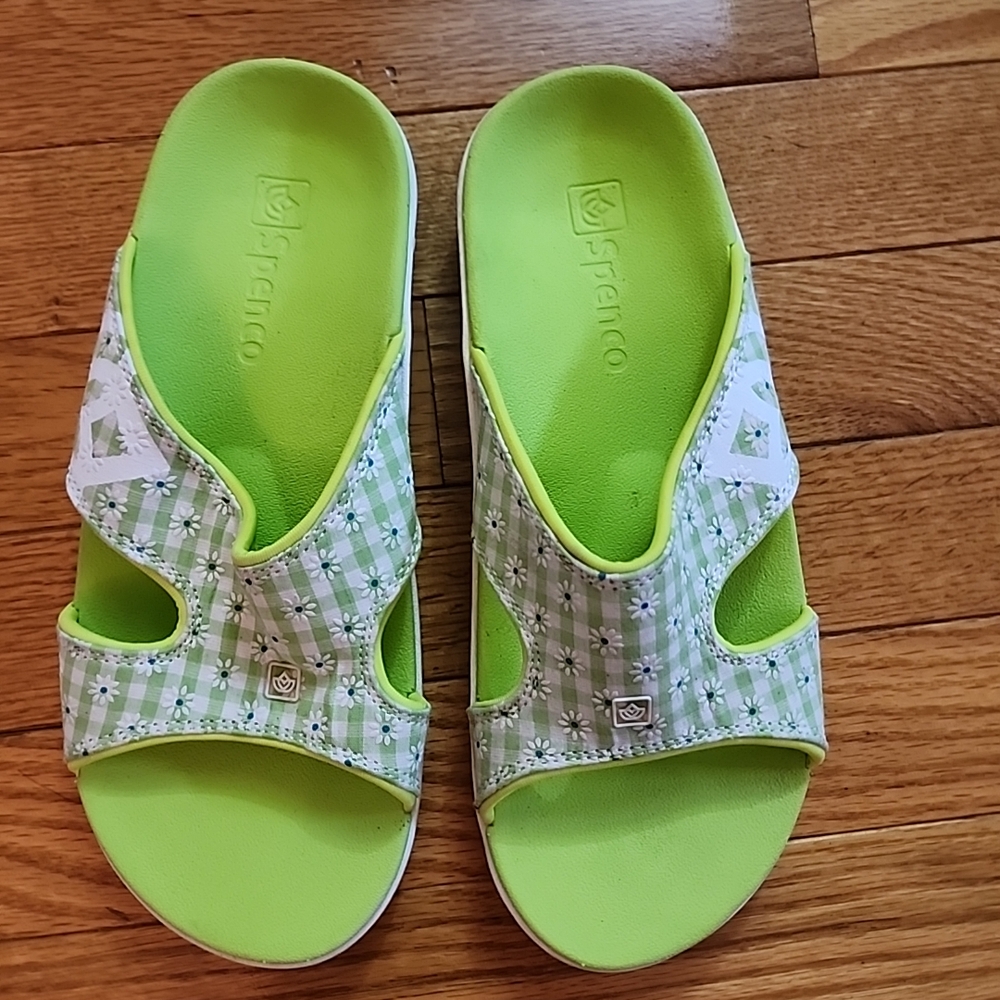 Spenco Kholo Green Gingham Print  Slide Sandals
